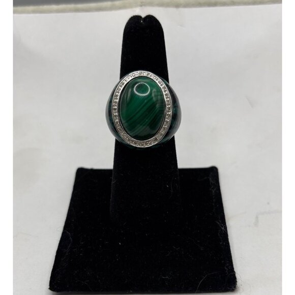 Sterling Silver 925 Malachite Centerstone Ring With Diamond Halo - Picture 6 of 9